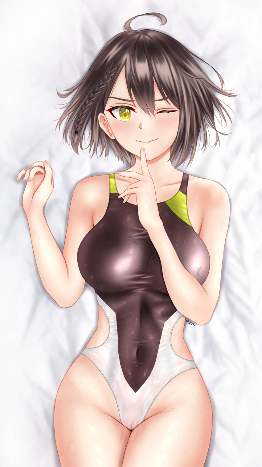 1girl ;) absurdres ahoge azur_lane baltimore_(azur_lane) bangs bare_shoulders bed_sheet black_swimsuit blush braid breasts brown_hair cameltoe closed_mouth collarbone commentary competition_swimsuit covered_navel cowboy_shot dakimakura_(medium) eyebrows_visible_through_hair french_braid groin hair_between_eyes hands_up highres index_finger_raised large_breasts looking_at_viewer lying multicolored_clothes multicolored_swimsuit on_back one-piece_swimsuit one_eye_closed shadow short_hair sidelocks smile solo swimsuit taut_clothes taut_swimsuit twitter_username wet wet_clothes wet_swimsuit yayanri yellow_eyes