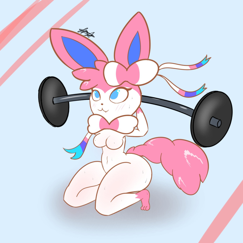 anthro bodily_fluids breasts cute_eyes eeveelution exercise female hi_res nintendo nude pinup pixyfox23 pok&eacute;mon pok&eacute;mon_(species) pose solo sweat sylveon thick_thighs video_games weightlifting workout