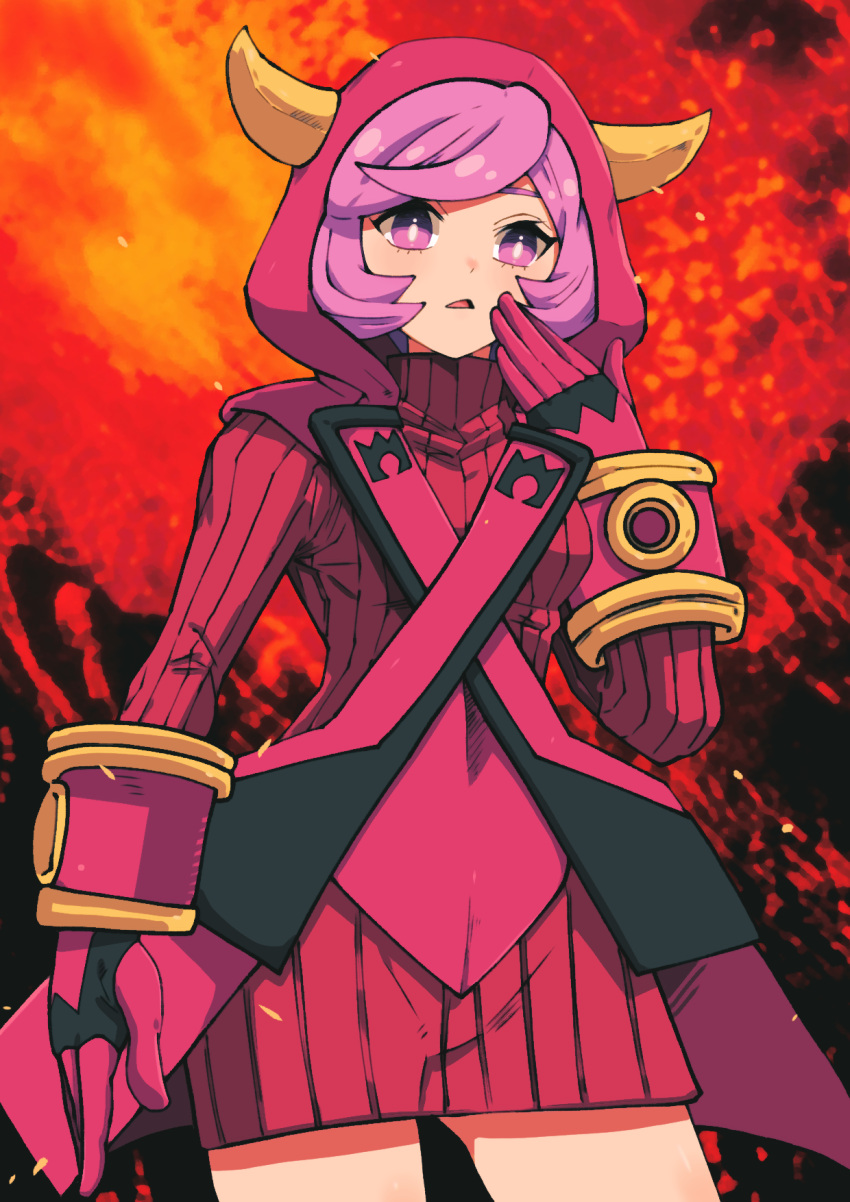 1girl bangs batchgooya breasts bright_pupils commentary_request courtney_(pokemon) dress eyelashes fake_horns fire gloves hand_up highres hood hood_up horns logo open_mouth pokemon pokemon_(game) pokemon_oras purple_eyes purple_hair red_dress ribbed_dress short_hair solo swept_bangs team_magma team_magma_uniform tongue turtleneck_dress white_pupils