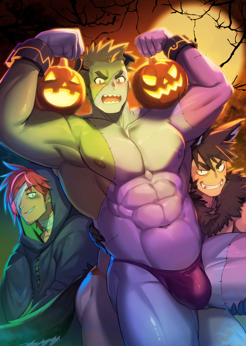 3boys abs animal_ears bandage_over_one_eye bara bikini_briefs blush bulge colored_skin feet_out_of_frame frankenstein's_monster frown full_moon green_skin halloween halloween_costume highres jack-o'-lantern large_pectorals looking_at_viewer male_focus male_underwear mature_male moon multiple_boys muscular muscular_male navel nipples original pectorals red_male_underwear semi-rimless_eyewear sharp_teeth short_hair sideburns stomach tail teeth thick_eyebrows thick_thighs thighs topless_male tree under-rim_eyewear underwear waku_(ayamix) wolf_boy wolf_ears wolf_tail