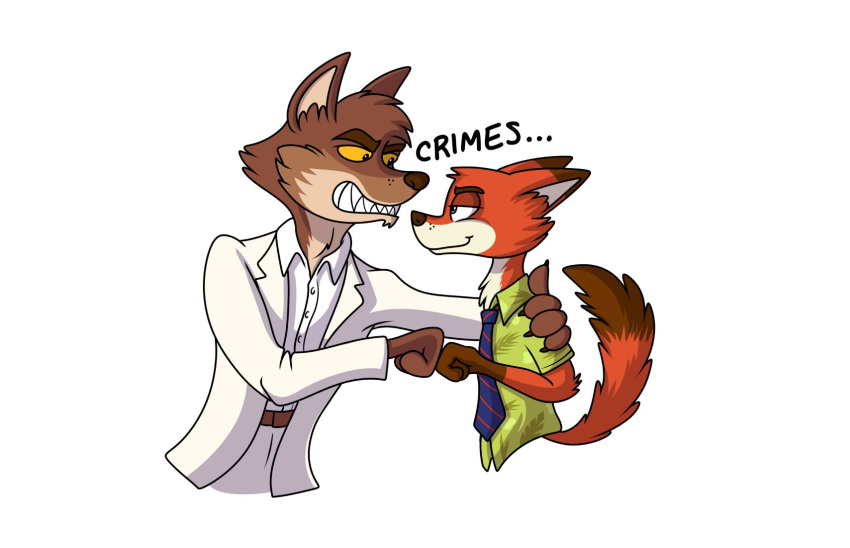angry anthro arm_around_back bottomwear brown_belt brown_body brown_claws brown_fur brown_nose canid canine canis cheek_tuft claws clothed clothing digital_drawing_(artwork) digital_media_(artwork) disney duo facial_tuft fist_bump fox fully_clothed fur gesture green_eyes grin half-closed_eyes head_tuft hi_res inner_ear_fluff male mammal mr._wolf_(the_bad_guys) narrowed_eyes necktie nick_wilde orange_body orange_fur pants purple_necktie shirt signature simple_background smile smug tan_body tan_fur the_bad_guys topwear transformartive tuft white_background white_body white_bottomwear white_clothing white_fur white_pants white_shirt white_suit white_topwear wolf yellow_eyes zootopia