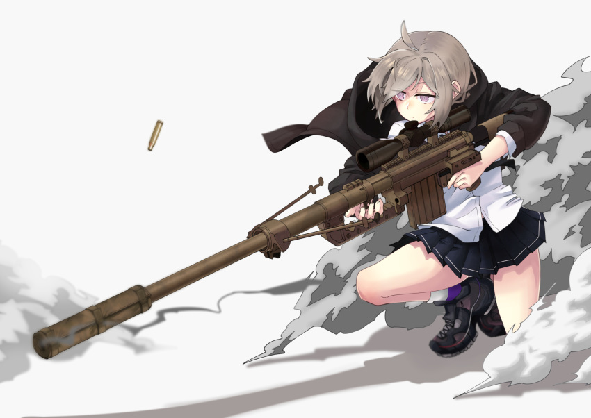 1girl absurdres ahoge bipod black_footwear black_necktie black_skirt girls'_frontline grey_hair gun highres holding holding_gun holding_weapon m200_(girls'_frontline) miniskirt nakiusagi necktie pleated_skirt purple_eyes rifle scope shoes skirt sneakers sniper_scope socks solo weapon