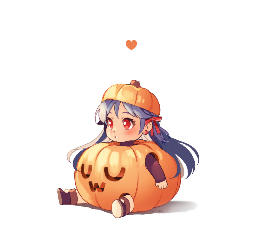 1girl :o absurdres artist_name blue_hair brown_footwear commentary earrings full_body hair_between_eyes hair_ribbon halloween_costume heart highres jewelry long_hair long_sleeves looking_afar open_mouth original pumpkin pumpkin_hat red_eyes ribbon shadow simple_background sitting solo syertse uwu white_background