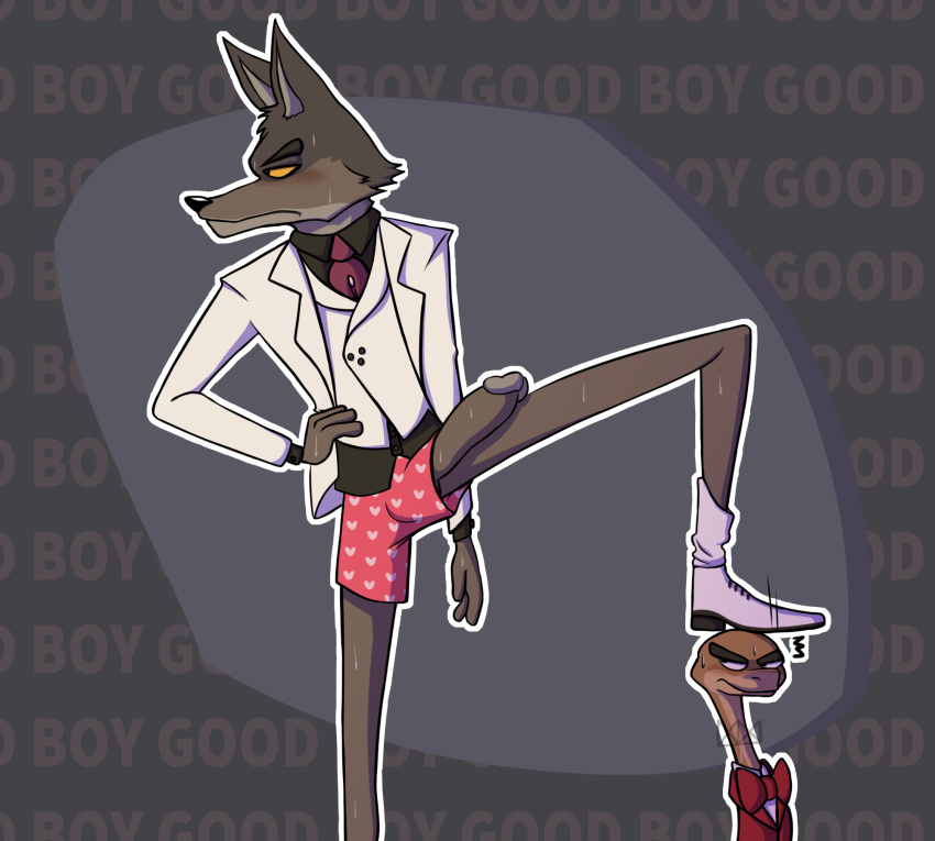 &lt;3 anthro balls_in_underwear blush bodily_fluids bow_tie brown_body brown_fur bulge canid canine canis ciroking clothing dress_shirt duo erection erection_pushing_underwear footwear fur genitals hi_res male male/male mammal mr._snake_(the_bad_guys) mr._wolf_(the_bad_guys) necktie penis reptile scalie shirt shoes_on snake socks suit suit_jacket sweat sweaty_genitalia sweaty_legs sweaty_penis text topwear underwear wolf