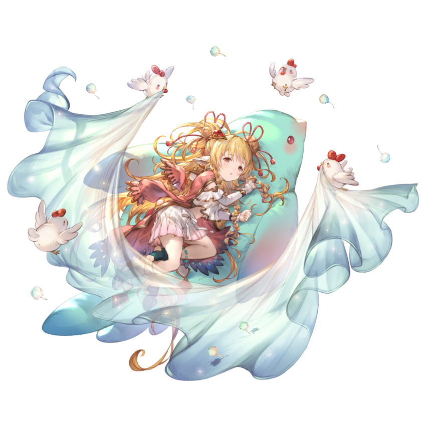 1girl animal_ears bangs bird blush chibi chicken eyebrows_visible_through_hair flying granblue_fantasy hair_ornament harvin jewelry long_hair looking_at_viewer lying mahira_(granblue_fantasy) midriff minaba_hideo official_art shawl simple_background skirt