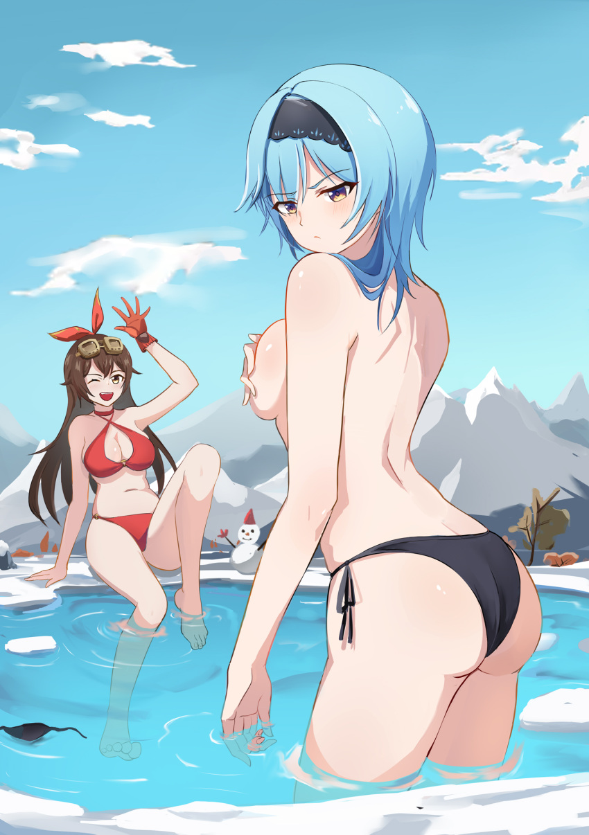 2girls amber_(genshin_impact) ass back baige0 bare_back bare_shoulders bath bikini bikini_top_removed black_bikini blue_hair blue_sky breasts brown_hair cleavage covering covering_breasts day eula_(genshin_impact) feet genshin_impact glaring gloves goggles goggles_on_head hairband half-closed_eyes hand_up highres looking_at_viewer looking_back medium_breasts mountain multiple_girls outdoors partially_submerged red_bikini sky snow snowman swimsuit topless water