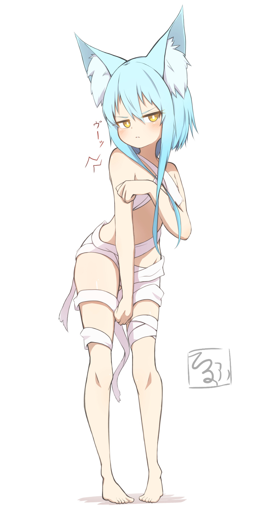 1girl absurdres animal_ear_fluff animal_ears bandages bangs bare_arms bare_shoulders barefoot blue_hair full_body hair_between_eyes highres idaten93 long_hair naked_bandage original shadow solo standing terufu-chan translation_request v-shaped_eyebrows white_background