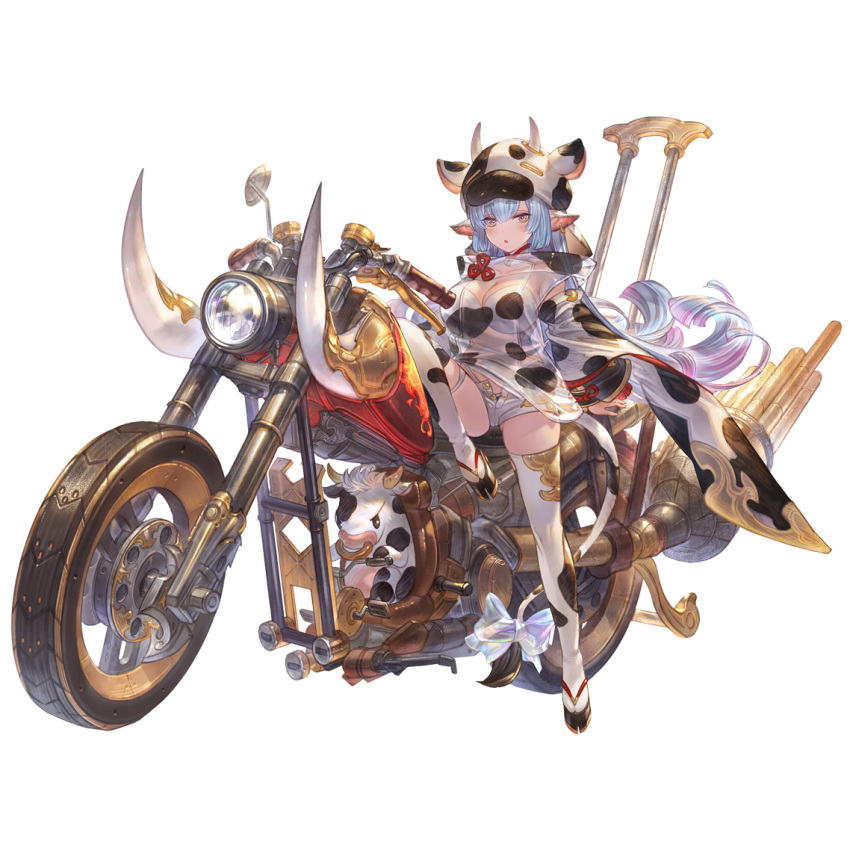 1girl animal_costume animal_ears animal_print blue_hair bow catura_(granblue_fantasy) cow cow_costume cow_ears cow_girl cow_hat cow_hood cow_horns cow_print cow_tail draph ear_piercing gradient_hair granblue_fantasy ground_vehicle horns micro_shorts minaba_hideo motor_vehicle motorcycle multicolored_hair official_art piercing purple_eyes purple_hair sheer_clothes shorts simple_background tail thighhighs transparent_background white_shorts