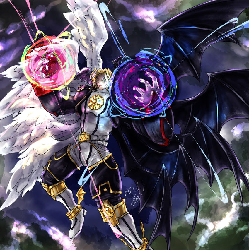 1boy absurdres angel angel_wings anklet aomon_(yuuji7604) asymmetrical_wings bat_wings bird_wings black_wings blonde_hair blue_eyes demon_wings digimon digimon_(creature) digimon_frontier facial_mark feathered_wings gauntlets gloves glowing glowing_hands hair_between_eyes head_wings highres jewelry large_wings lucemon_falldown_mode mini_wings multiple_wings pointy_ears smile solo white_wings wings