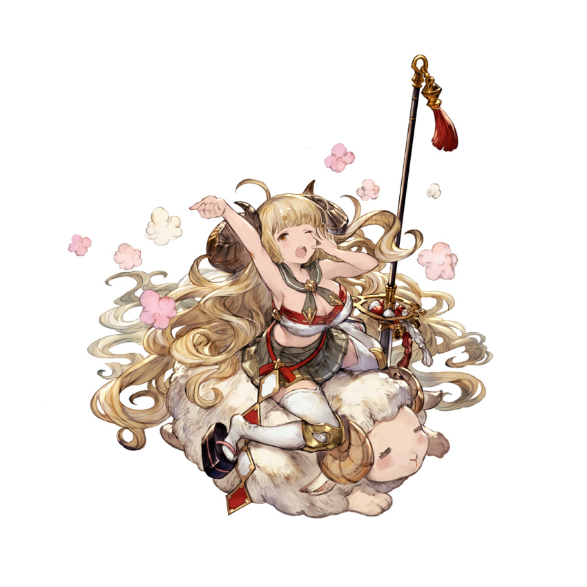 1girl anila_(granblue_fantasy) bell blonde_hair breasts draph full_body granblue_fantasy horns large_breasts long_hair midriff minaba_hideo miniskirt naginata official_art polearm riding sheep sheep_horns skirt smile solo spear stretch thighhighs transparent_background weapon yawning zettai_ryouiki zouri