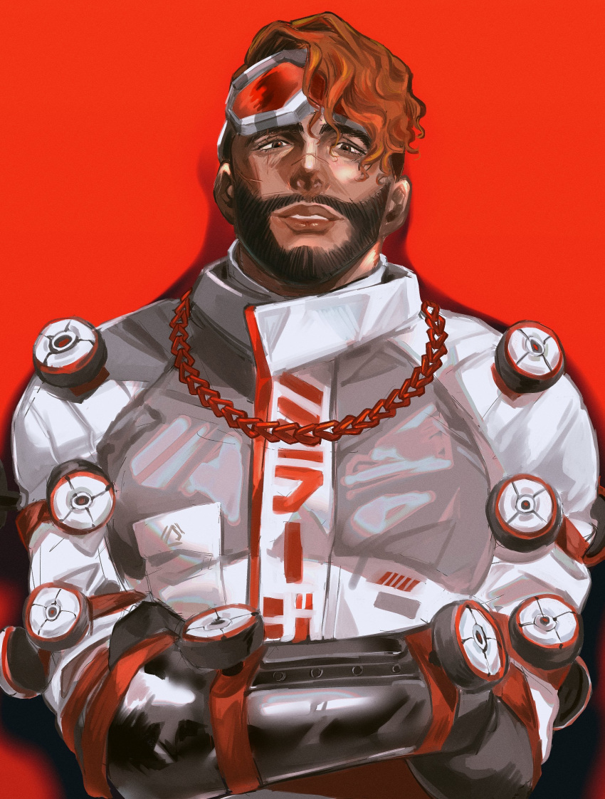 1boy absurdres apex_legends bara black_gloves brown_eyes center_stage_mirage chain crossed_arms gloves goggles goggles_on_head highres himawari_kappa jacket male_focus mirage_(apex_legends) muscular muscular_male official_alternate_costume parted_lips red_background red_hair smile solo upper_body white_jacket