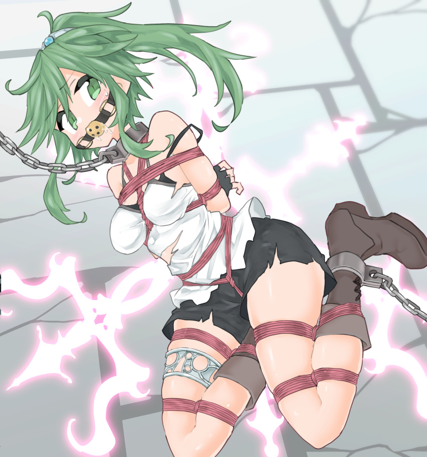 1girl absurdres arms_behind_back ball_gag bdsm bondage boots bound breasts chain chained collar duel_monster fingerless_gloves gag gagged gloves green_eyes green_hair highres medium_breasts metal_collar ponytail rioreori rope saliva shibari shibari_over_clothes shorts thighlet torn_clothes winda_priestess_of_gusto yu-gi-oh!