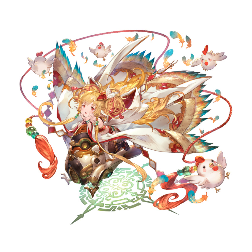 1girl animal_ears bandeau bangs bare_shoulders bird blonde_hair boots breasts cape chibi chicken earrings eyebrows_visible_through_hair feathers flying granblue_fantasy hair_ornament harvin head_on_hand jewelry knee_boots long_hair looking_at_viewer machine mahira_(granblue_fantasy) minaba_hideo official_art red_eyes robot_animal simple_background sitting small_breasts thighhighs wide_sleeves