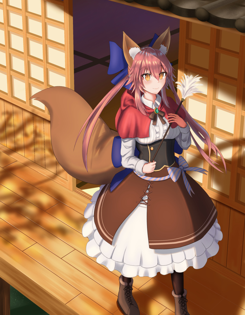 1girl absurdres animal_ears blue_bow blue_ribbon bow dress emerald_(gemstone) fate/extra fate_(series) fox_ears fox_girl fox_tail hair_ribbon highres pink_hair red_hood ribbon shadow shoes skirt stick tail tamamo_(fate) tamamo_no_mae_(fate/extra) user_xtnk4473 veranda wooden_door wooden_floor yellow_eyes