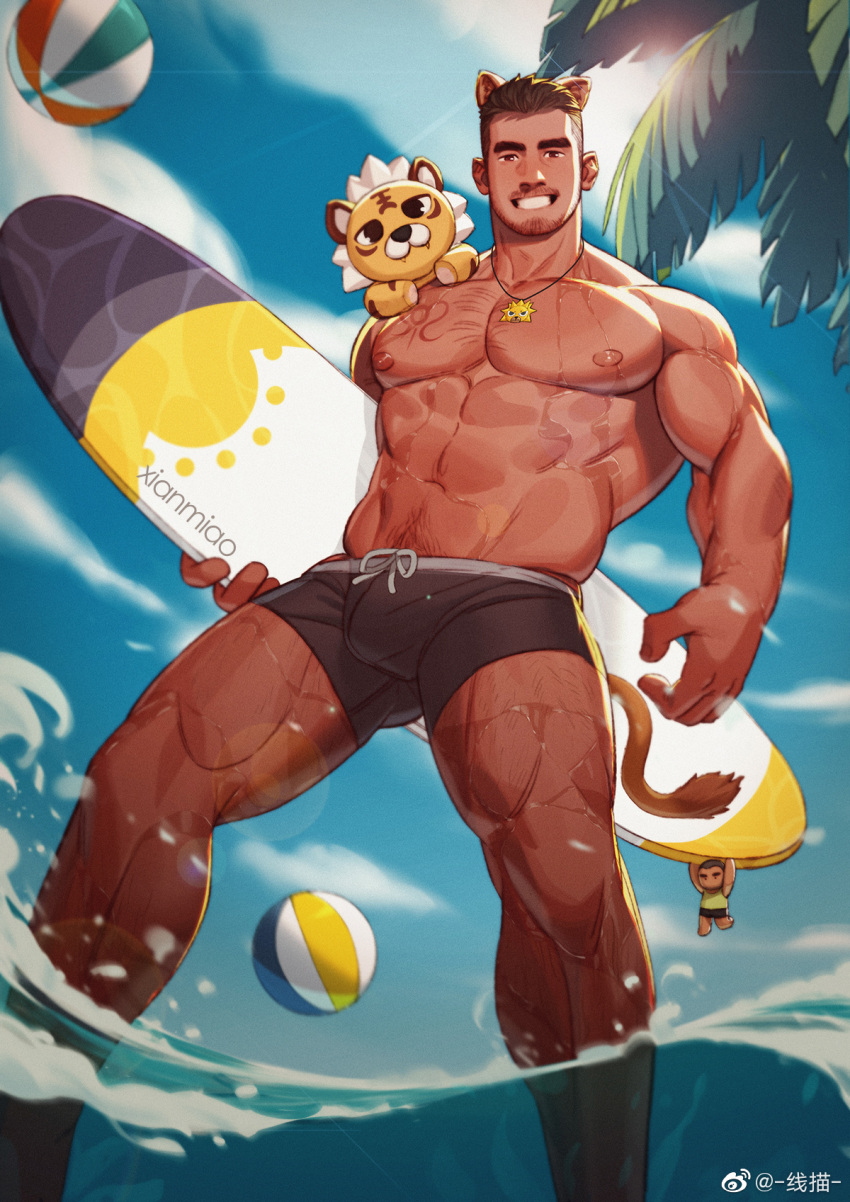 1boy abs alca animal_ears ass_visible_through_thighs bara beach beard black_hair black_male_swimwear bulge chest_hair commission dark-skinned_male dark_skin day extra_ears facial_hair feet_out_of_frame from_below gyee highres holding holding_surfboard large_pectorals leg_hair lion_boy lion_ears lion_tail looking_at_viewer male_focus male_swimwear mature_male muscular muscular_male navel navel_hair nipples original pectorals short_hair sideburns solo stomach stubble sun sunlight surfboard swim_briefs tail thick_eyebrows thick_thighs thighs topless_male undercut wet xian_miao