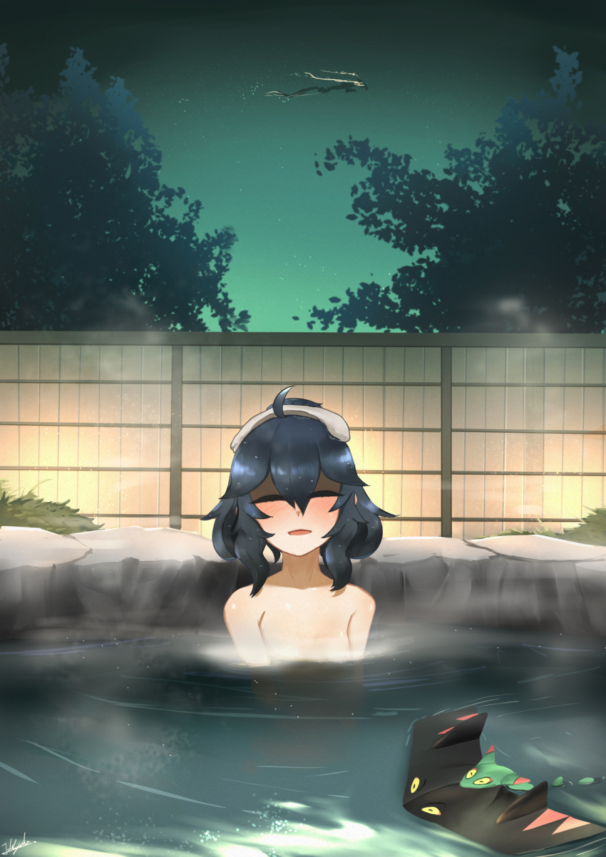 1girl ahoge bangs black_hair closed_eyes commentary dragapult dreepy facing_viewer fence grass hair_between_eyes hex_maniac_(pokemon) highres john_(a2556349) medium_hair night nude onsen outdoors partially_submerged pokemon pokemon_(creature) rayquaza solo steam towel towel_on_head water