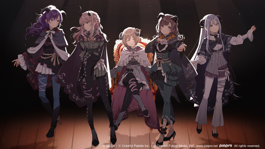 5girls akiyama_mizuki ankle_scrunchie asahina_mafuyu ascot bangs black_cape black_footwear black_legwear black_ribbon blue_eyes blue_hair bow bowtie braid brown_eyes brown_hair cape center_frills crossed_legs frills green_pants green_shirt green_skirt grey_skirt hand_on_own_chest hechima_(issindotai) high_heels high_ponytail long_hair looking_at_viewer lower_(vocaloid) meiko multiple_girls neck_ribbon pants pants_under_skirt pantyhose pink_hair pleated_skirt project_sekai ribbon scrunchie shinonome_ena shirt short_hair sidelocks sitting skirt spotlight stage throne very_long_hair vocaloid white_ascot white_bow white_bowtie white_hair white_pants yoisaki_kanade