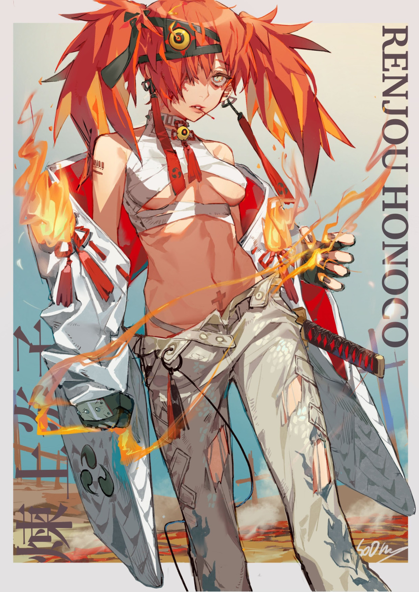 1girl absurdres barcode barcode_tattoo bare_shoulders breasts character_name cross_tattoo feet_out_of_frame fingerless_gloves fire gloves hair_over_one_eye highres jacket jacket_partially_removed long_hair midriff navel orange_hair original pants pubic_tattoo renjou_honoco_(soono_(rlagpfl)) sheath sheathed shoulder_tattoo signature solo soono_(rlagpfl) stomach sword tattoo torn_clothes torn_pants twintails underboob weapon yellow_eyes