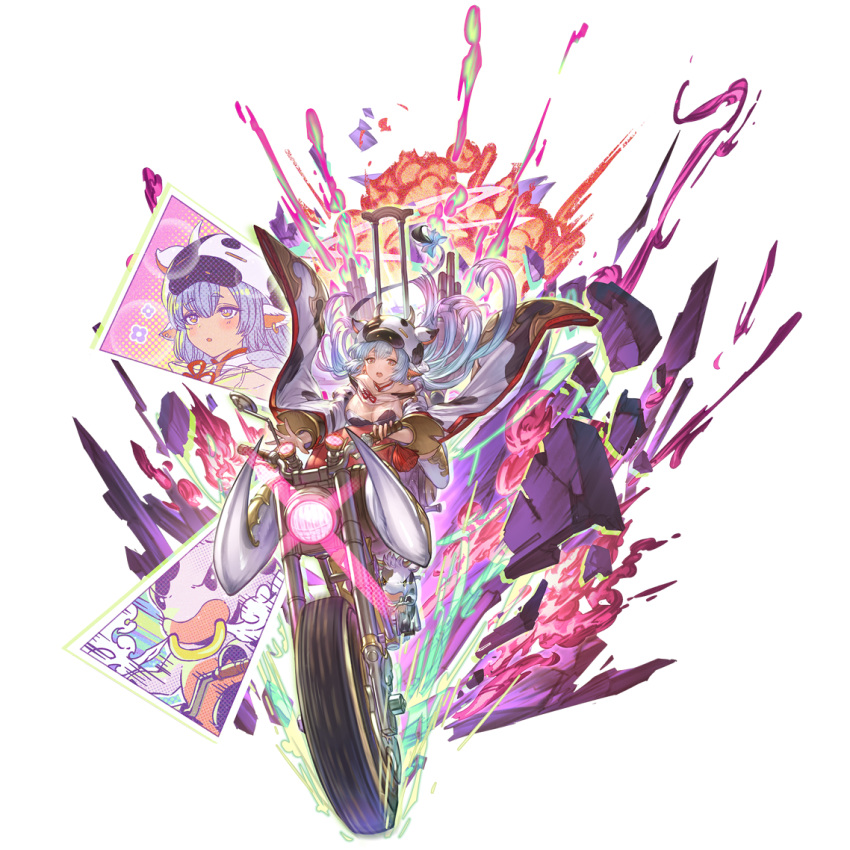 1girl animal_costume animal_ears animal_print blue_hair bow catura_(granblue_fantasy) cow cow_costume cow_ears cow_girl cow_hat cow_hood cow_horns cow_print cow_tail draph ear_piercing gradient_hair granblue_fantasy ground_vehicle horns minaba_hideo motor_vehicle motorcycle multicolored_hair official_art piercing purple_eyes purple_hair sheer_clothes shorts tail thighhighs transparent_background
