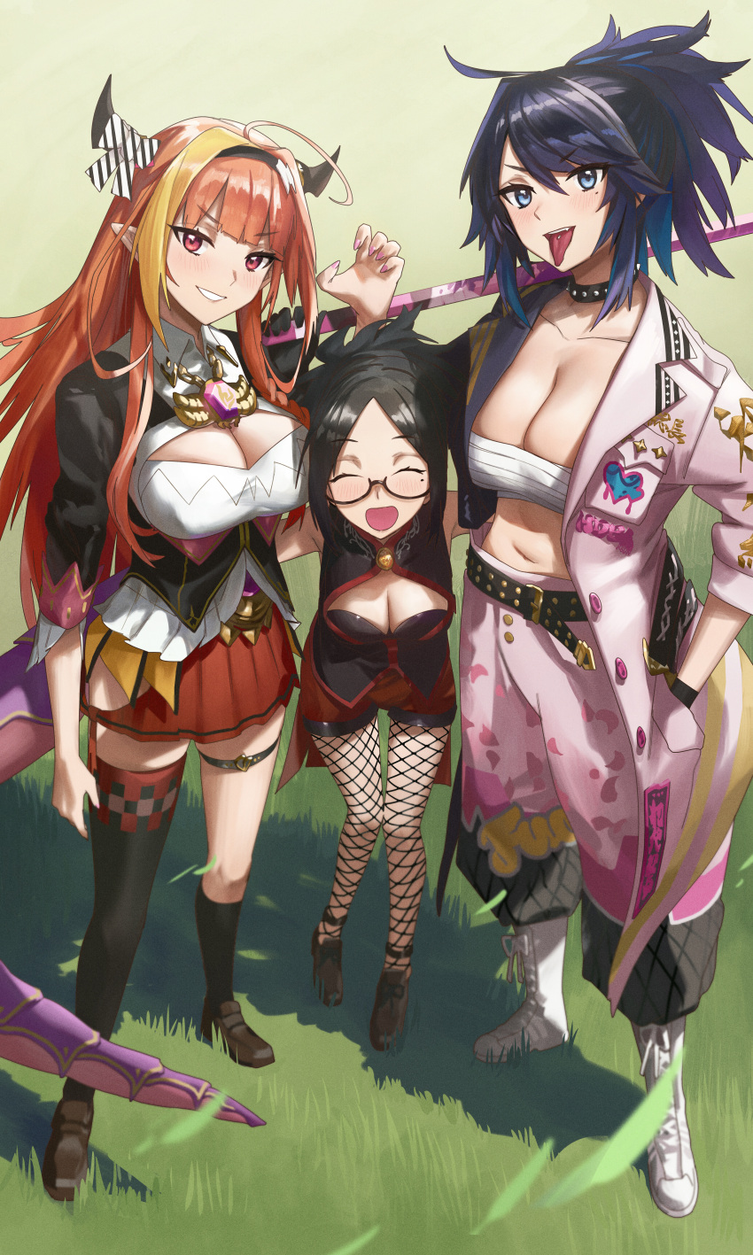 3girls :d ^_^ absurdres ahoge bangs belt black-framed_eyewear black_dress black_gloves black_hair blonde_hair blunt_bangs bokken bow braid breasts camisole chest_sarashi cleavage cleavage_cutout closed_eyes clothing_cutout coat collar creator_connection daikou-chan delinquent detached_sleeves diagonal-striped_bow dragon_girl dragon_horns dragon_tail dress dual_persona elbow_gloves fishnet_legwear fishnets frilled_camisole glasses gloves high_ponytail highres hololive horn_bow horn_ornament horns huge_breasts indie_virtual_youtuber kiryu_coco kson large_breasts long_hair medium_breasts mole mole_under_eye multicolored_hair multiple_girls multiple_persona open_clothes open_coat orange_hair pants pantyhose parted_hair petal_print piercing print_pants print_shorts puffy_pants red_shorts sarashi semi-rimless_eyewear shorts side-tie_skirt side_braid smile souchou spiked_hair streaked_hair striped striped_bow studded_belt studded_choker studded_collar sukeban sword tail tongue tongue_out tongue_piercing under-rim_eyewear virtual_youtuber weapon white_pants wooden_sword xiaoju_xiaojie