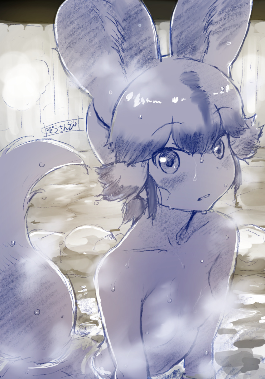 1girl african_wild_dog_(kemono_friends) animal_ears blush breasts collarbone commentary_request convenient_censoring dog_ears dog_tail eyebrows_visible_through_hair greyscale highres kemono_friends looking_at_viewer masuyama_ryou monochrome multicolored_hair nude onsen partially_submerged short_hair small_breasts solo steam steam_censor tail water water_drop