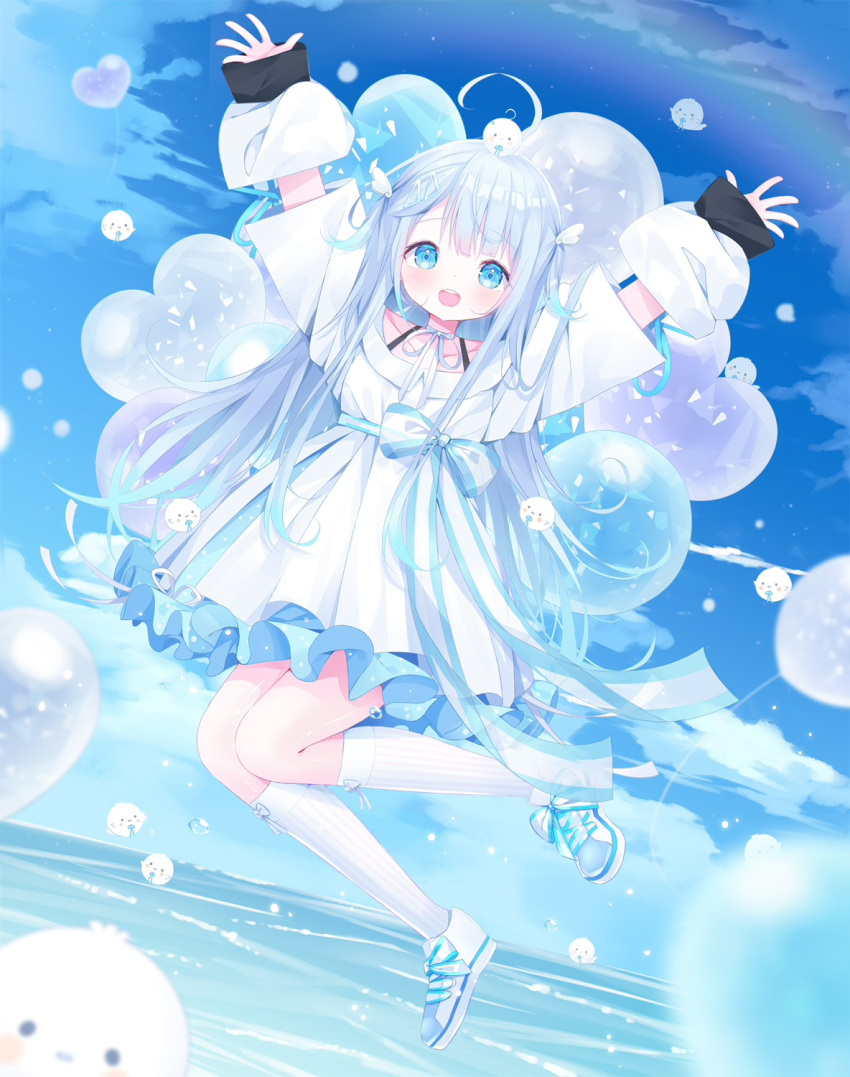 1girl :d \o/ ahoge amatsuka_uto arms_up balloon bangs blue_eyes blue_footwear blue_hair blue_ribbon blue_skirt blush bow choker cloud collarbone day deyui dip-dyed_hair dress eyebrows_visible_through_hair hair_ornament hairclip heart_balloon highres indie_virtual_youtuber layered_clothing light_blue_hair long_hair off-shoulder_dress off_shoulder open_mouth outstretched_arms ribbon ribbon_choker shoulder_strap skirt smile starry_sky_print striped striped_bow teeth tenshimp two_side_up upper_teeth virtual_youtuber water white_dress white_footwear white_legwear white_ribbon wing_hair_ornament