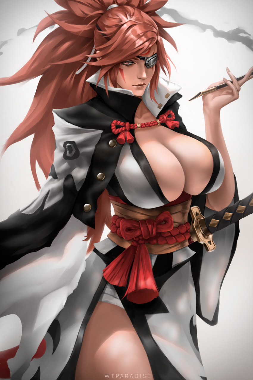 1girl amputee baiken big_hair black_jacket black_kimono breasts cleavage eyepatch facial_tattoo guilty_gear highres jacket jacket_on_shoulders japanese_clothes katana kimono large_breasts multicolored_clothes multicolored_kimono one-eyed open_clothes open_kimono pink_hair pipe ponytail red_eyes samurai sash scar scar_across_eye scar_on_face smoke sword tattoo torn_sleeve weapon white_kimono wtparadiseart