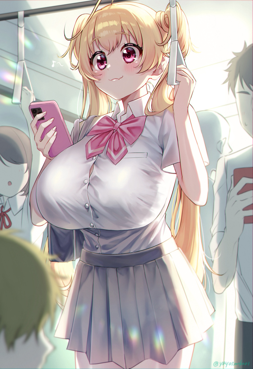 1girl absurdres bangs blonde_hair bow bowtie breasts cellphone collared_shirt commentary_request cowboy_shot eyebrows_visible_through_hair fang fang_out highres holding holding_phone large_breasts long_hair original phone pink_bow pink_bowtie pleated_skirt shirt skirt smartphone solo_focus standing twintails very_long_hair white_shirt yayoi_maka