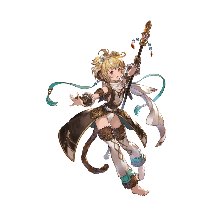 1girl andira_(granblue_fantasy) barefoot blonde_hair cleavage_cutout clothing_cutout erune full_body fur_trim granblue_fantasy hair_ornament headband holding holding_staff minaba_hideo monkey_tail official_art red_eyes scarf short_hair solo staff tail transparent_background