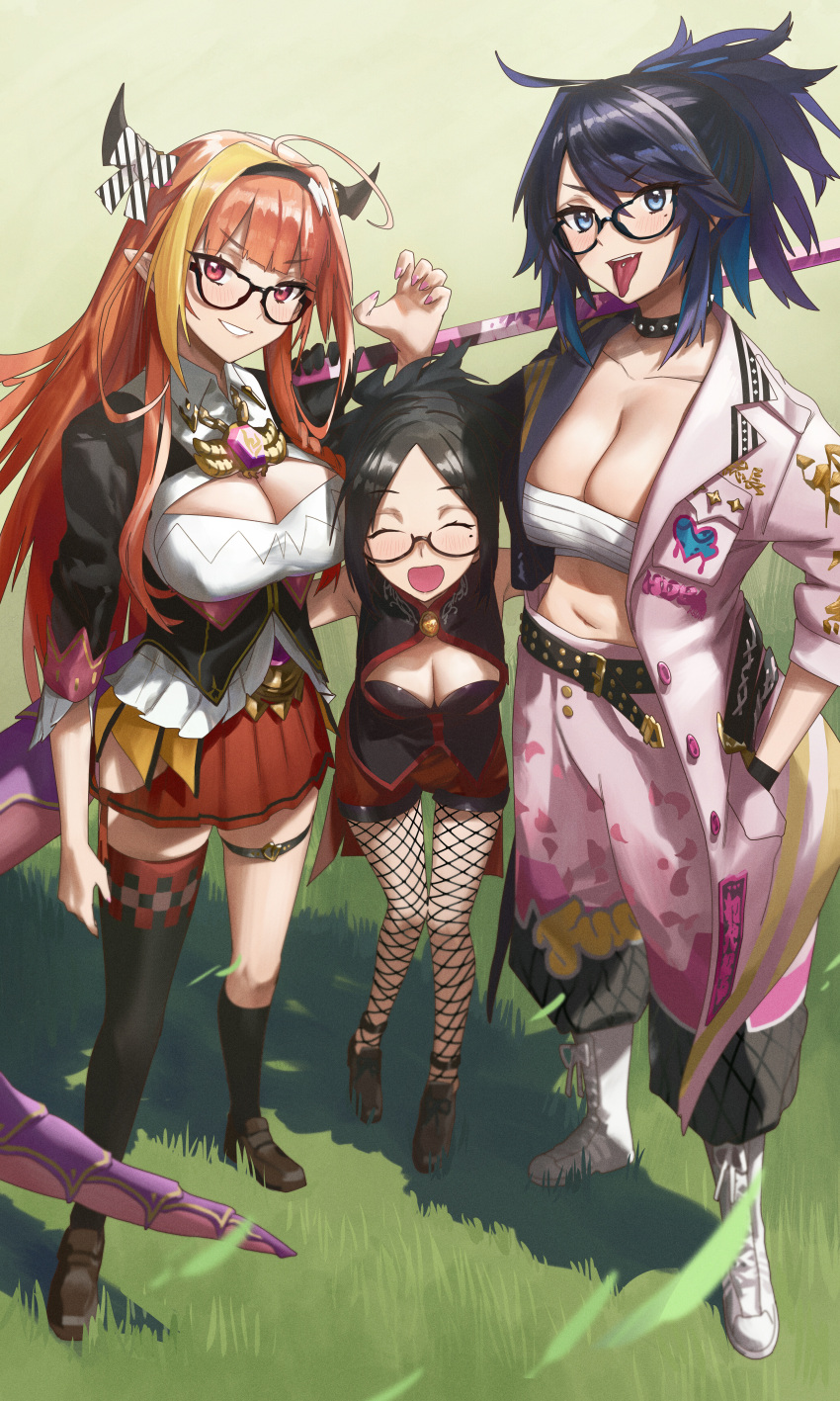 3girls :d ^_^ absurdres ahoge bangs belt bespectacled black-framed_eyewear black_dress black_gloves black_hair blonde_hair blunt_bangs bokken bow braid breasts camisole chest_sarashi cleavage cleavage_cutout closed_eyes clothing_cutout coat collar creator_connection daikou-chan delinquent detached_sleeves diagonal-striped_bow dragon_girl dragon_horns dragon_tail dress dual_persona elbow_gloves fishnet_legwear fishnets frilled_camisole glasses gloves high_ponytail highres hololive horn_bow horn_ornament horns huge_breasts indie_virtual_youtuber kiryu_coco kson large_breasts long_hair medium_breasts mole mole_under_eye multicolored_hair multiple_girls multiple_persona open_clothes open_coat orange_hair pants pantyhose parted_hair petal_print piercing print_pants print_shorts puffy_pants red_shorts sarashi semi-rimless_eyewear shorts side-tie_skirt side_braid smile souchou spiked_hair streaked_hair striped striped_bow studded_belt studded_choker studded_collar sukeban sword tail tongue tongue_out tongue_piercing under-rim_eyewear virtual_youtuber weapon white_pants wooden_sword xiaoju_xiaojie