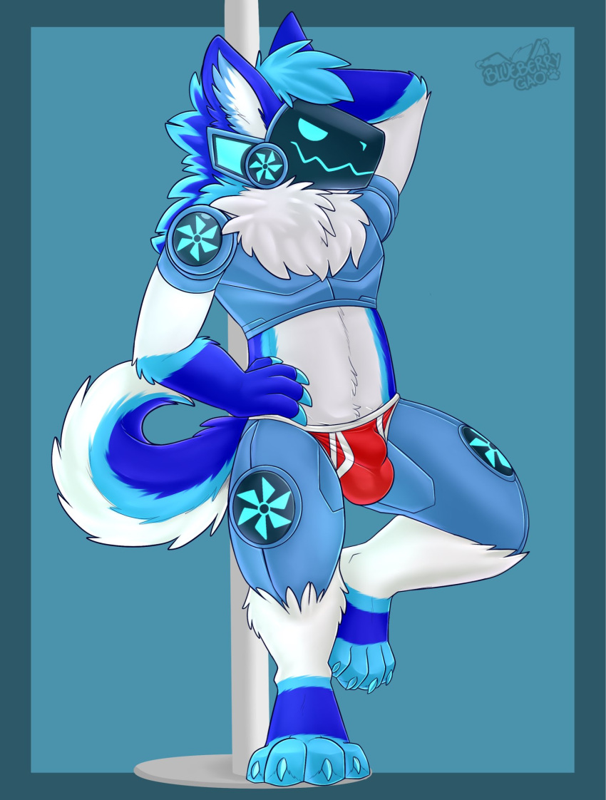 balls_outline blue_background blue_body blue_border blue_ears blue_fur blue_hair blue_inner_ear border briefs bulge cheek_tuft chest_tuft claws clothing curled_tail detailed_bulge facial_tuft fur gaokun genital_outline gloves_(marking) hair hand_behind_head hand_on_hip hi_res inner_ear_fluff machine male markings multicolored_body multicolored_fur pole presenting_bulge protogen red_clothing red_underwear simple_background solo toe_claws tuft two_tone_inner_ear underwear white_body white_fur white_inner_ear