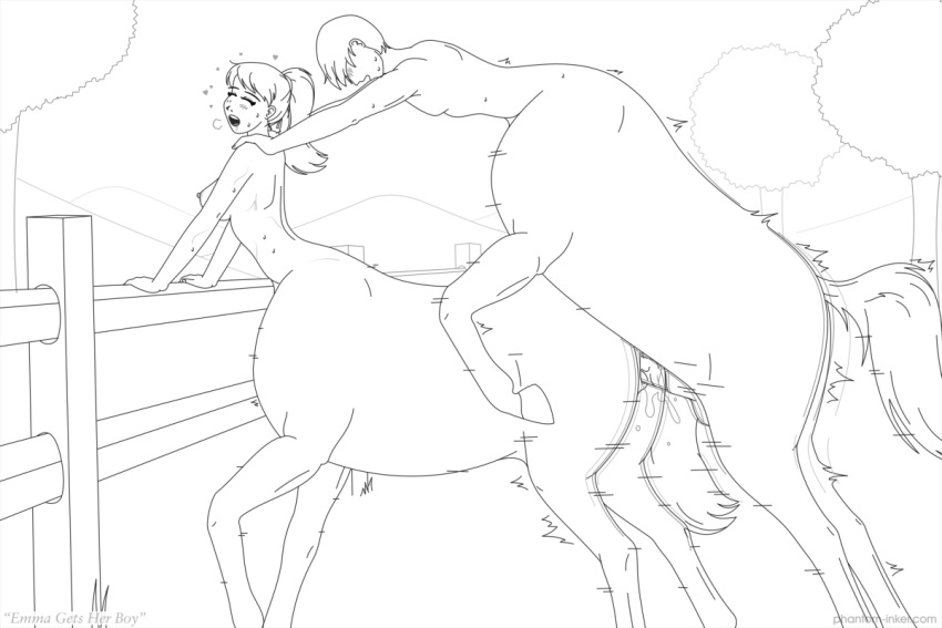 bodily_fluids centaur duo equid equid_taur female from_behind_position happy happy_sex humanoid_taur line_art male male/female mammal mammal_taur mounting outdoor_sex outside penetration phantom_inker sex sweat taur vaginal vaginal_penetration