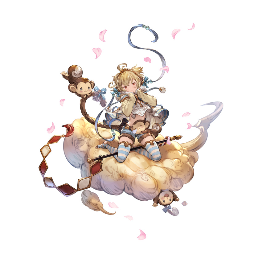 1girl andira_(granblue_fantasy) blonde_hair blush_stickers cherry_blossoms cleavage_cutout clothing_cutout cloud erune flying_nimbus full_body fur_trim granblue_fantasy hair_ornament headband minaba_hideo monkey monkey_tail nose_bubble official_art red_eyes short_hair shorts sitting sleeping staff striped striped_legwear tail thighhighs transparent_background