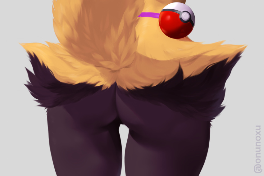 anthro belt big_butt braixen butt butt_focus canid canine canis fan_character featureless_crotch female fox fur fur_tuft mammal mary_(hipcat) nintendo noxu nude pok&eacute;ball pok&eacute;mon pok&eacute;mon_(species) presenting presenting_hindquarters simple_background solo standing thick_thighs tuft video_games wide_hips yellow_body