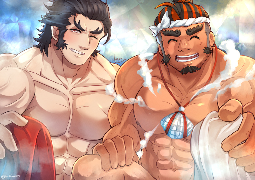 2boys ^_^ abs absurdres bara blush closed_eyes completely_nude daikoku_(housamo) dark_blue_hair facial_hair forked_eyebrows goatee hachimaki headband highres incoming_gift kageru_(mofnyan) knee_up large_pectorals long_sideburns looking_at_viewer male_focus mature_male multicolored_hair multiple_boys muscular muscular_male mustache nipples nude orange_eyes out-of-frame_censoring pectorals red_hair sarutahiko_(housamo) shell_necklace short_hair sideburns smoke steam stomach thick_eyebrows tokyo_afterschool_summoners two-tone_hair upper_body veins