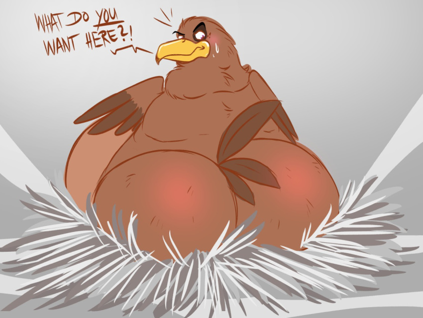 2020 accipitrid accipitriform anthro avian beak belly big_belly big_butt biped bird black_eyebrows blush bodily_fluids brown_body brown_feathers bubble_butt butt colored_sketch dialogue digital_media_(artwork) eagle emanata english_text eyebrows feathered_wings feathers fedor_(snitch) flat_colors flustered huge_butt huge_thighs looking_at_viewer looking_back looking_back_at_viewer male nest nude obese obese_anthro obese_male overweight overweight_anthro overweight_male purple_eyes rear_view semi-anthro sitting sketch snitch_(artist) solo sweat sweatdrop tail_feathers text thick_thighs wide_hips wings yellow_beak