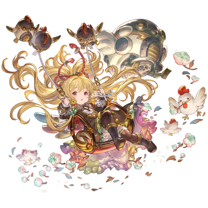 1girl animal_ears bangs bare_shoulders bird blonde_hair boots breasts chibi chicken earrings eyebrows_visible_through_hair flower flying granblue_fantasy hair_ornament harvin jewelry knee_boots long_hair looking_at_viewer machine mahira_(granblue_fantasy) minaba_hideo official_art red_eyes robot_animal sitting small_breasts swinging thighhighs transparent_background