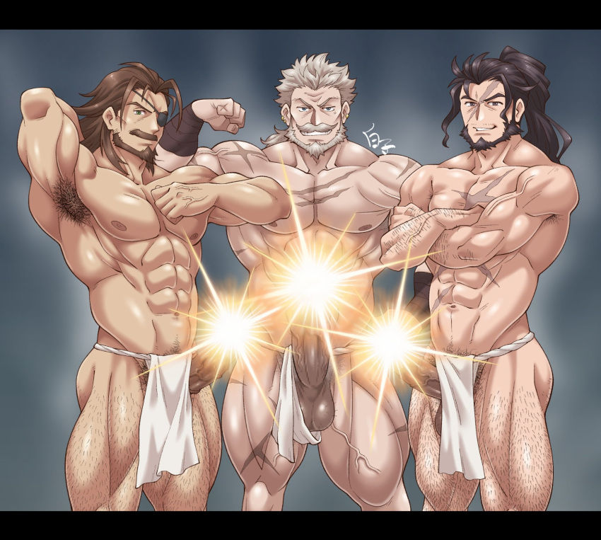 3boys abs bara beard censored crossed_arms erection eugen_(granblue_fantasy) eyepatch facial_hair feet_out_of_frame flexing granblue_fantasy highres huge_penis jin_(granblue_fantasy) kirupi large_pectorals leg_hair loincloth loincloth_aside long_hair male_focus male_pubic_hair mature_male multiple_boys muscular muscular_male mustache navel navel_hair nipples old old_man pectorals penis pose pubic_hair scar scar_on_chest scar_on_face scar_on_forehead short_hair soriz standing star_censor stomach thick_thighs thighs topless_male veins