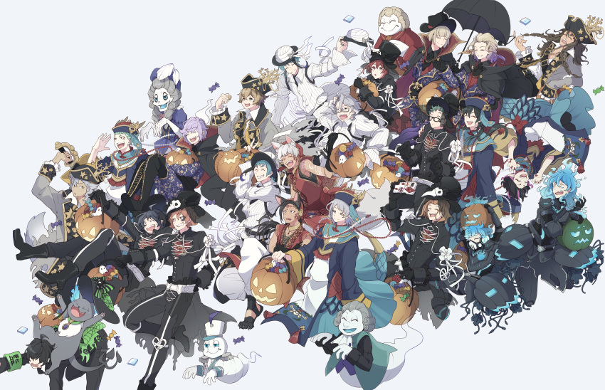 1other 6+boys :d absurdres ace_trappola ahoge ambiguous_gender animal_ear_fluff animal_ears arm_tattoo armband armor azul_ashengrotto belt black_gloves black_hair black_nails blonde_hair blue_eyes blue_hair boots braid brown_eyes brown_hair candy candy_wrapper cater_diamond chinese_clothes claw_pose cloak closed_eyes coin collarbone cross-laced_footwear crossed_arms dark_skin deuce_spade dire_crowley drawstring earrings epel_felmier everyone eyebrows_visible_through_hair eyepatch eyepatch_removed eyeshadow facial_mark fang fangs fiery_hair fingernails floyd_leech food frilled_sleeves frills full_body ghost glasses gloves green_hair grim_(twisted_wonderland) hair_over_eyes halloween_bucket halloween_costume hand_on_another's_shoulder hat hat_feather highres holding holding_phone holding_umbrella idia_shroud jack-o'-lantern jack_howl jade_leech jamil_viper jewelry kalim_al-asim lace-up_boots leaf leona_kingscholar lilia_vanrouge long_hair long_sleeves looking_up makeup male_focus malleus_draconia mole mole_under_mouth multicolored_hair multiple_boys official_alternate_costume open_mouth orange_hair ortho_shroud phone pink_hair pirate_costume pirate_hat plant pointy_ears pumpkin purple_eyeshadow purple_hair rantatta red_eyes red_nails riddle_rosehearts rook_hunt ruggie_bucchi scared sebek_zigvolt sharp_fingernails sharp_teeth shell short_hair silver_(twisted_wonderland) silver_hair simple_background single_earring skin_fang sleeveless smile streaked_hair striped tail tassel tattoo teeth thigh_boots thighhighs top_hat torn_clothes trey_clover twisted_wonderland two-tone_hair umbrella veil vertical_stripes vil_schoenheit vines white_background wide-eyed wide_sleeves witch_hat wolf_boy wolf_ears yuu_(twisted_wonderland)