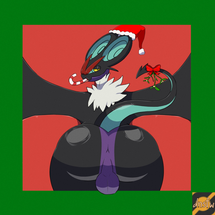 anthro anus balls bedroom_eyes butt candy candy_cane chiropteran christmas christmas_clothing christmas_headwear clothing dessert food genitals green_background hat headgear headwear hi_res holidays looking_at_viewer male mammal narrowed_eyes nintendo noivern perineum pok&eacute;mon pok&eacute;mon_(species) raised_tail reallydarkandwindie red_background santa_hat seductive simple_background solo video_games