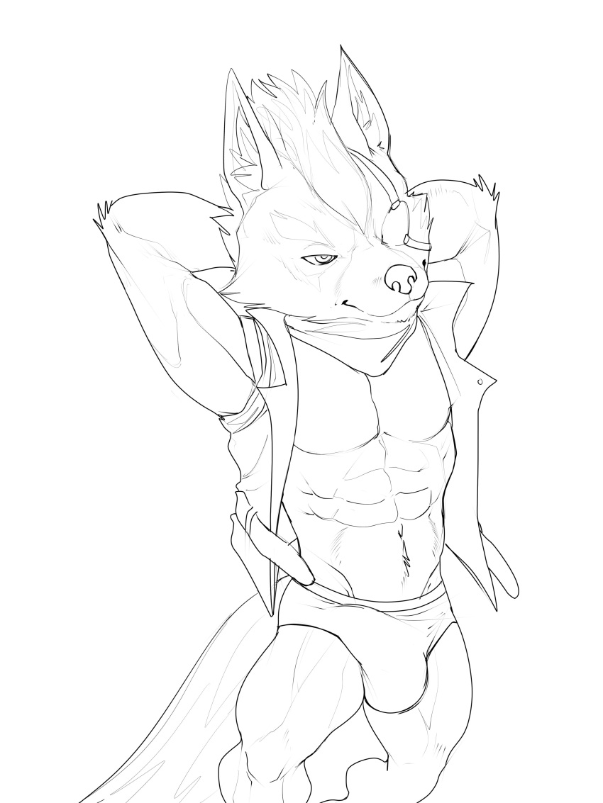 2021 abs absurd_res anthro arm_tuft athletic athletic_anthro athletic_male belly_tuft belt belt_accessory big_calves big_pecs big_quads black_and_white briefs bristol bulge canid canine canis cheek_tuft chin_tuft closed_smile clothed clothed_anthro clothed_male clothing digital_drawing_(artwork) digital_media_(artwork) ears_outwards ears_up elbow_tufts eye_patch eyewear facial_tuft front_view half-closed_eyes hands_behind_head happy head_tuft hi_res inner_ear_fluff jacket looking_forward male male_anthro mammal monochrome narrowed_eyes navel neckerchief nintendo open_clothing open_jacket open_topwear pecs pivoted_ears portrait serratus simple_background skimpy solo standing star_fox three-quarter_portrait topwear tuft underwear video_games white_background wolf wolf_o'donnell