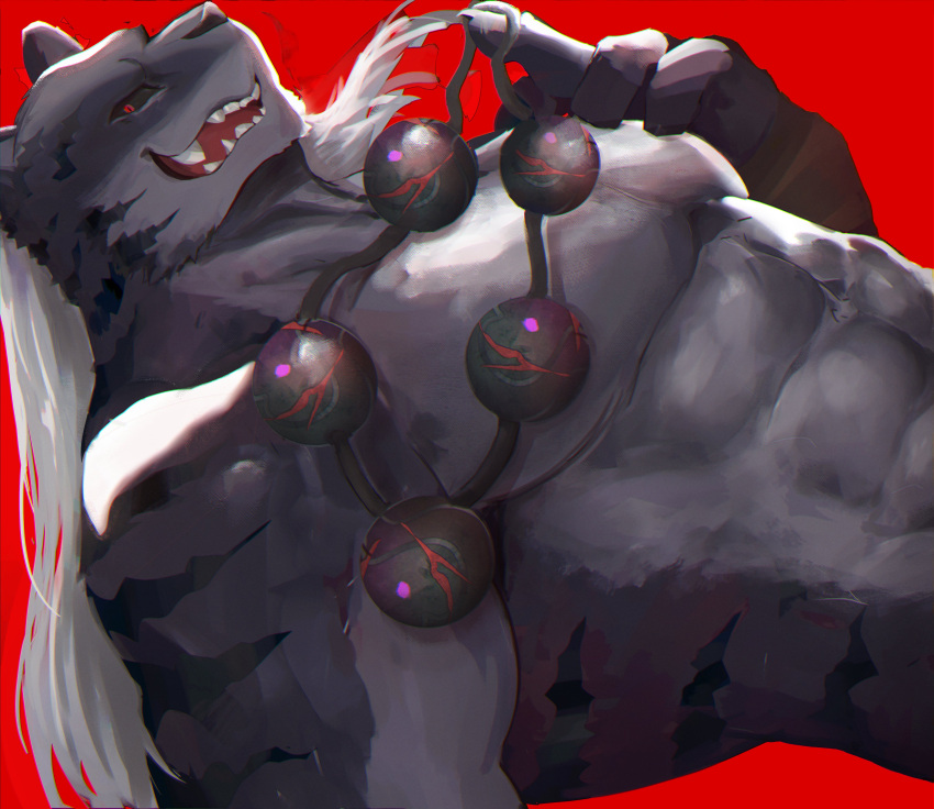 2021 abs absurd_res anthro backjindo biceps black_body black_fur black_nose black_sclera claws colored felid fur grey_body grey_fur grey_hair hair hi_res humanoid_hands long_hair male mammal multicolored_body multicolored_fur muscular muscular_anthro muscular_male pang pantherine pecs prayer_beads red_background red_eyes sdorica shirtless simple_background solo striped_body striped_fur stripes tiger two_tone_body two_tone_fur