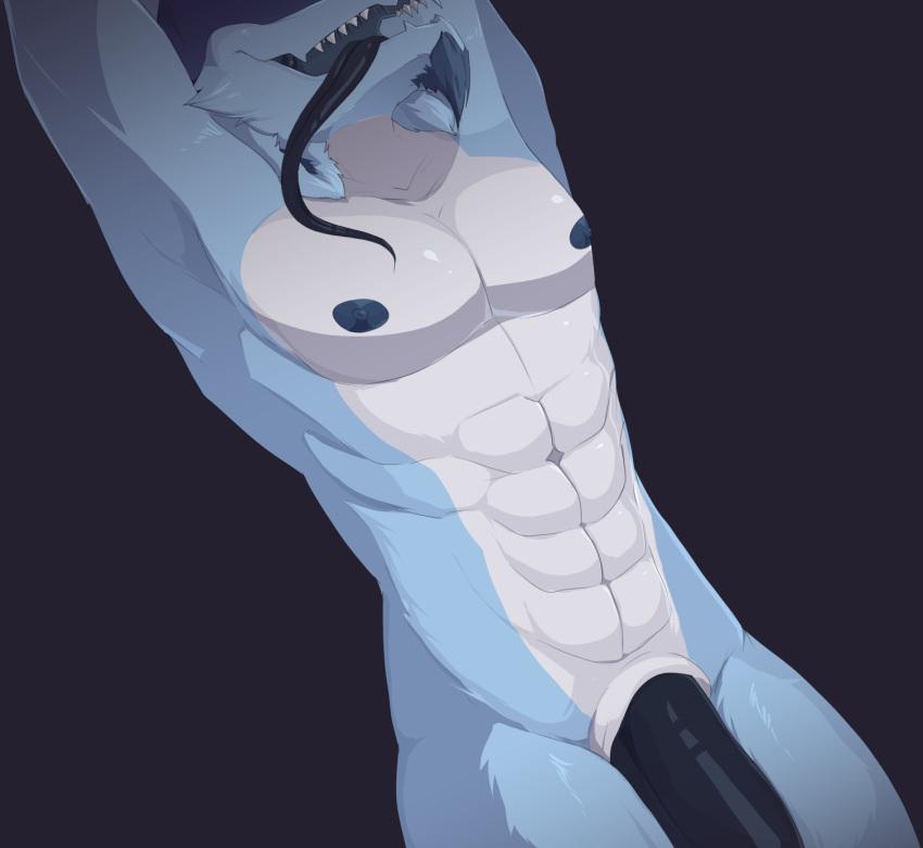 abs ace_(kamex) animal_genitalia animal_penis anthro big_penis blue_body blue_fur bovid caprine digital_media_(artwork) dragon fur genitals hi_res huge_penis hybrid hyper hyper_genitalia hyper_penis long_tongue lying male mammal muscular muscular_anthro muscular_male nipples nude on_back open_mouth pecs penis simple_background sinna_roll smile solo thick_thighs tongue tongue_out
