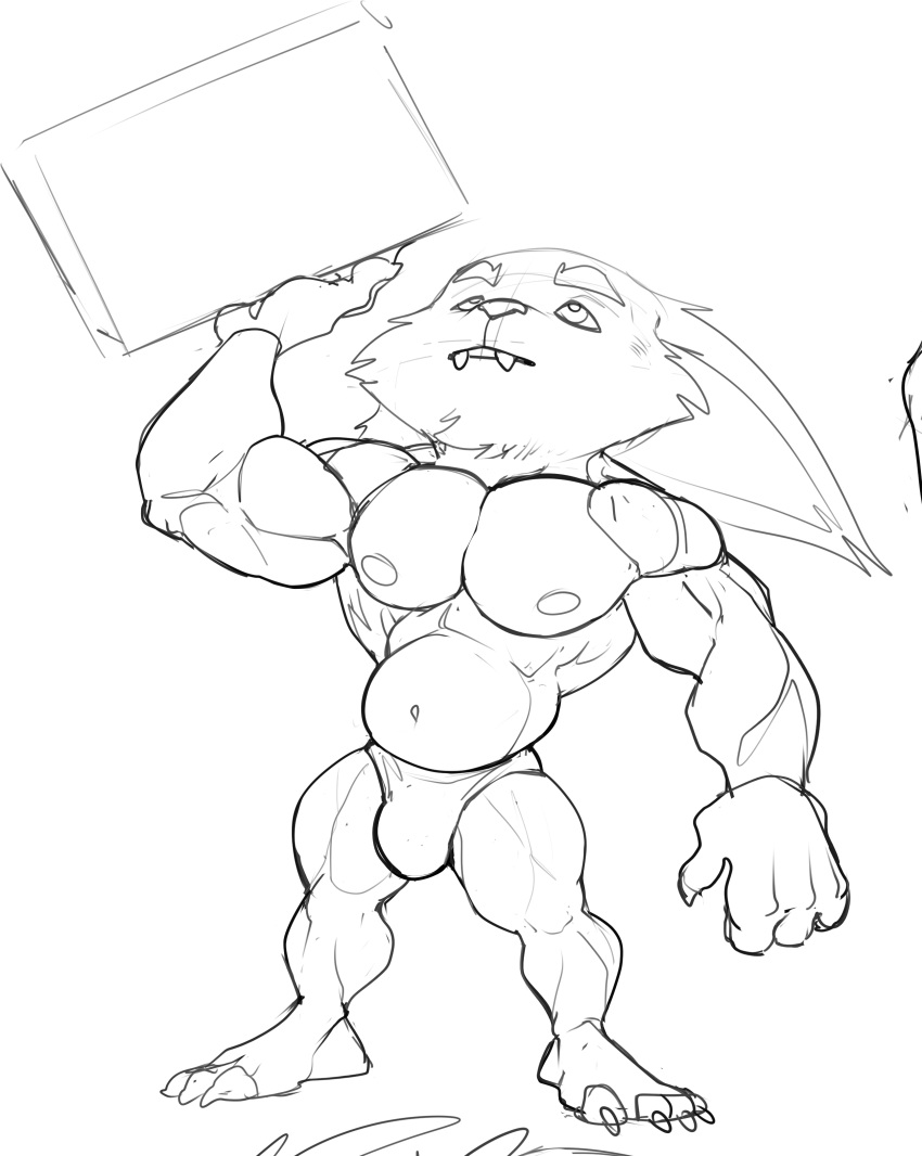 2021 4_fingers 4_toes absurd_res anthro big_biceps big_calves big_ears big_muscles big_nipples big_pecs big_quads black_and_white bristol bulge cheek_tuft chin_tuft claws clothed clothed_anthro clothed_male clothing digital_media_(artwork) eyebrows facial_tuft fan_character feet fingers fluffy fluffy_ears front_view full-length_portrait hand_above_head hi_res holding_object huge_pecs humanoid_hands league_of_legends looking_up male male_anthro mammal manly monochrome musclegut muscular muscular_anthro muscular_male navel nipples open_mouth pecs plantigrade portrait riot_games serratus short_anthro short_male simple_background sketch skimpy solo speedo speedo_only standing swimwear thick_neck toes topless topless_anthro topless_male tuft video_games white_background wide_stance yordle