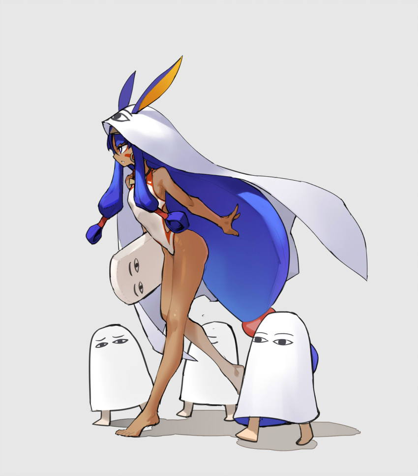 1girl animal_ears ass bare_shoulders barefoot breasts cloak dark-skinned_female dark_skin earrings facial_mark fate/grand_order fate_(series) highres jackal_ears jewelry kickboard lamian_(pixiv415608) long_hair medjed_(fate) nitocris_(fate) nitocris_(swimsuit_assassin)_(fate) one-piece_swimsuit purple_hair solo swimsuit very_long_hair