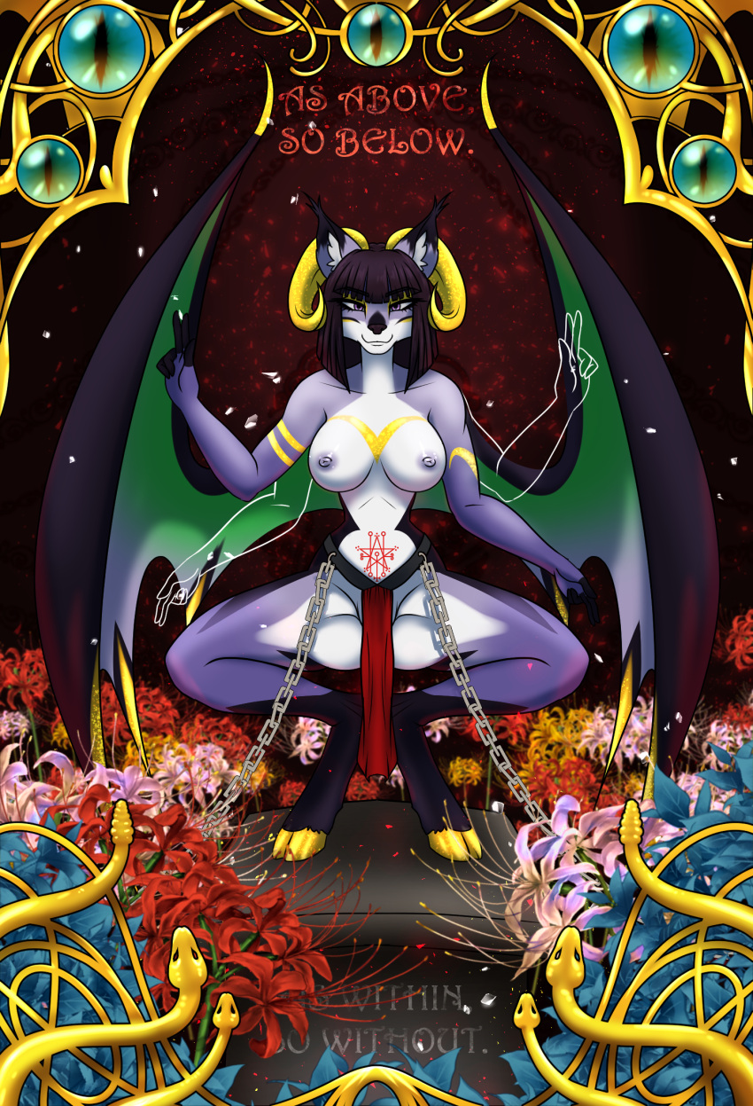 4322chan anthro bovid breasts canid canine caprine card chain chained clothed clothing demon detailed_background exposed_breasts female flower fox goat hi_res horn hybrid looking_at_viewer mammal partially_clothed plant purple_body solo succubus tarot_card wings womb_tattoo