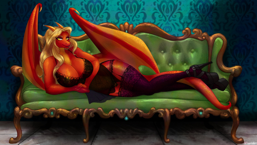 4322chan absurd_res anthro big_breasts blonde_hair breasts clothed clothing detailed_background dragon female furniture hair hi_res huge_breasts lace_panties legwear looking_at_viewer lying on_side partially_clothed red_body resting saffryn smile smiling_at_viewer sofa solo stockings underwear