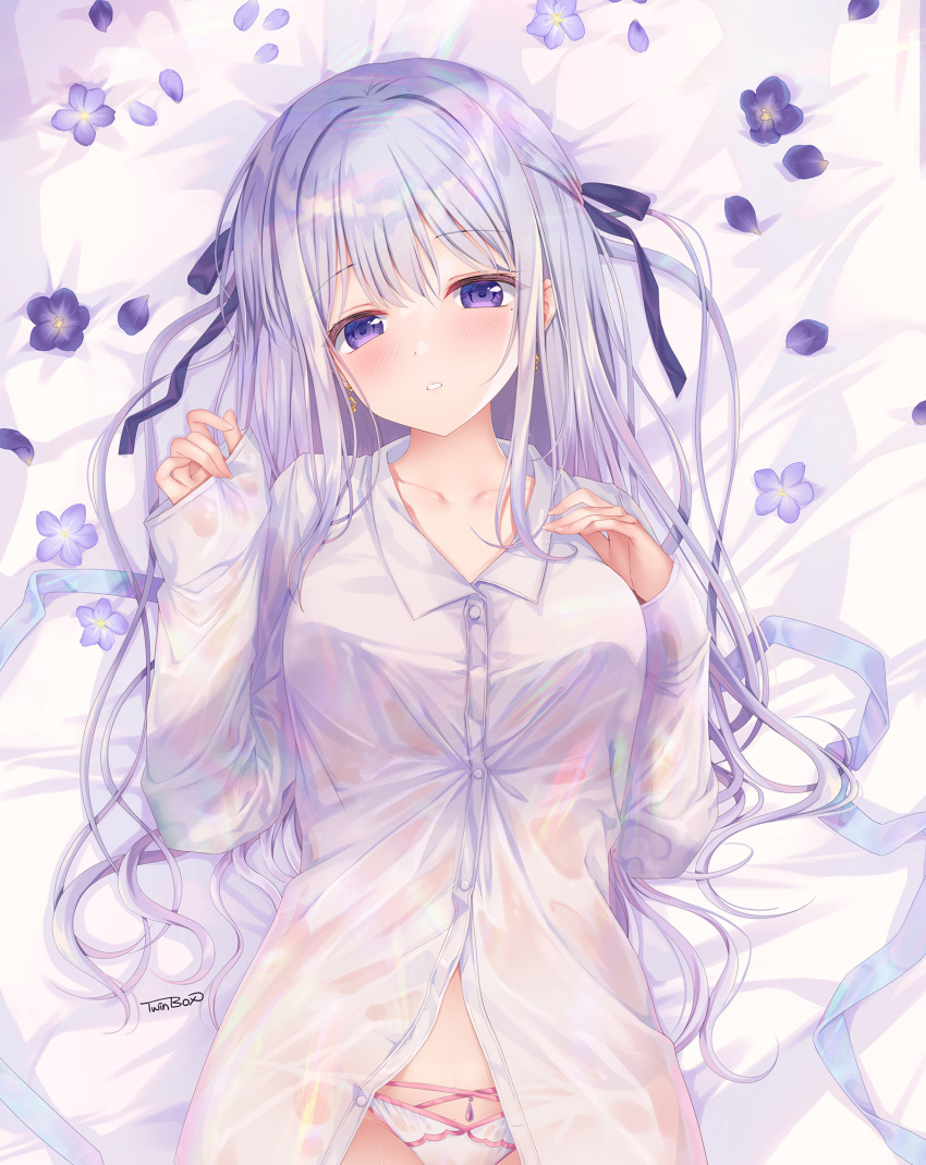 1girl bangs bed_sheet blue_ribbon blush borrowed_garments breasts collared_shirt cowboy_shot dress_shirt earrings flower gem hair_ribbon highres jewelry long_sleeves looking_at_viewer lying no_pants on_back on_bed original panties parted_lips partially_unbuttoned petals purple_eyes purple_flower purple_hair purple_ribbon ribbon see-through shirt silver_hair sleeves_past_wrists solo sousouman string_panties underwear white_panties white_shirt