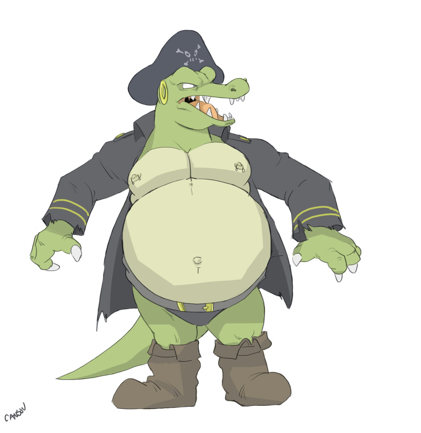 2021 absurd_res anthro belly belt big_belly boots canson claws clothing crocodilian donkey_kong_(series) ear_piercing footwear green_body green_skin hat headgear headwear hi_res jacket kremling male navel nintendo nipple_piercing nipples outie_navel overweight piercing pirate pirate_hat pirate_outfit reptile scalie sharp_teeth simple_background solo teeth topwear video_games white_background