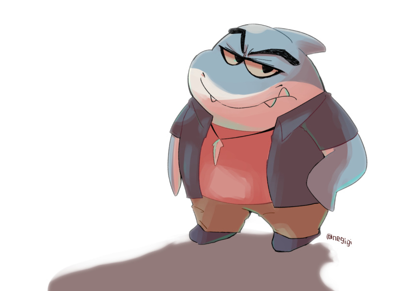 2021 anthro bottomwear clothing cute_fangs dreamworks fish male marine mr._shark_(the_bad_guys) negigi overweight overweight_male pants shark shirt simple_background solo the_bad_guys topwear white_background